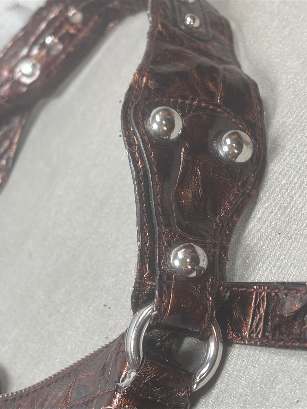 Guess Monogram Canvas Hobo Shoulder Bag Brown Metallic Trim Studded - Picture 13 of 14